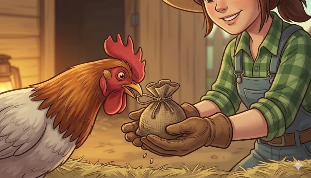 Farmhand kneeling in a sunlit barn feeding a rooster from a small burlap sack of grain