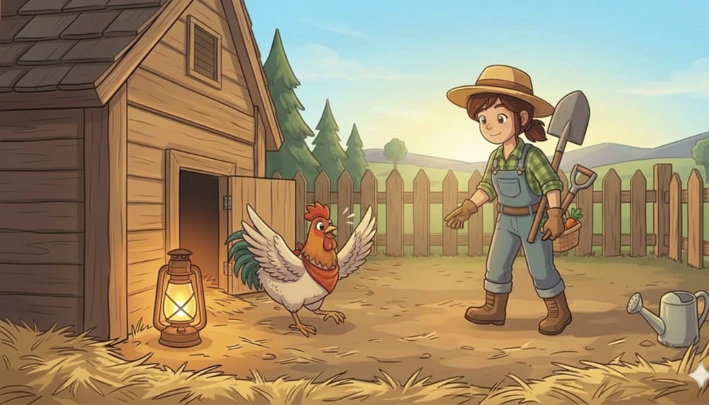 Smiling farmer with shovel and carrot basket greeting an excited rooster by a wooden coop at sunrise