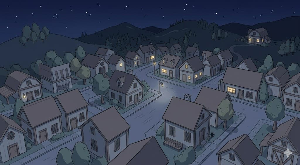 Cozy village at night with glowing windows, streetlights, and a farmhouse on a distant hill under a starry sky